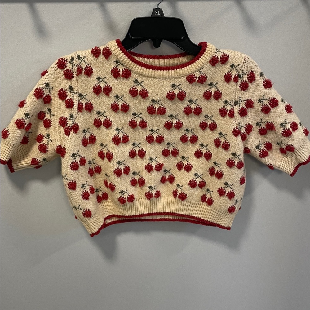 Cider Cream Knit Sweater with Red Strawberry Motif